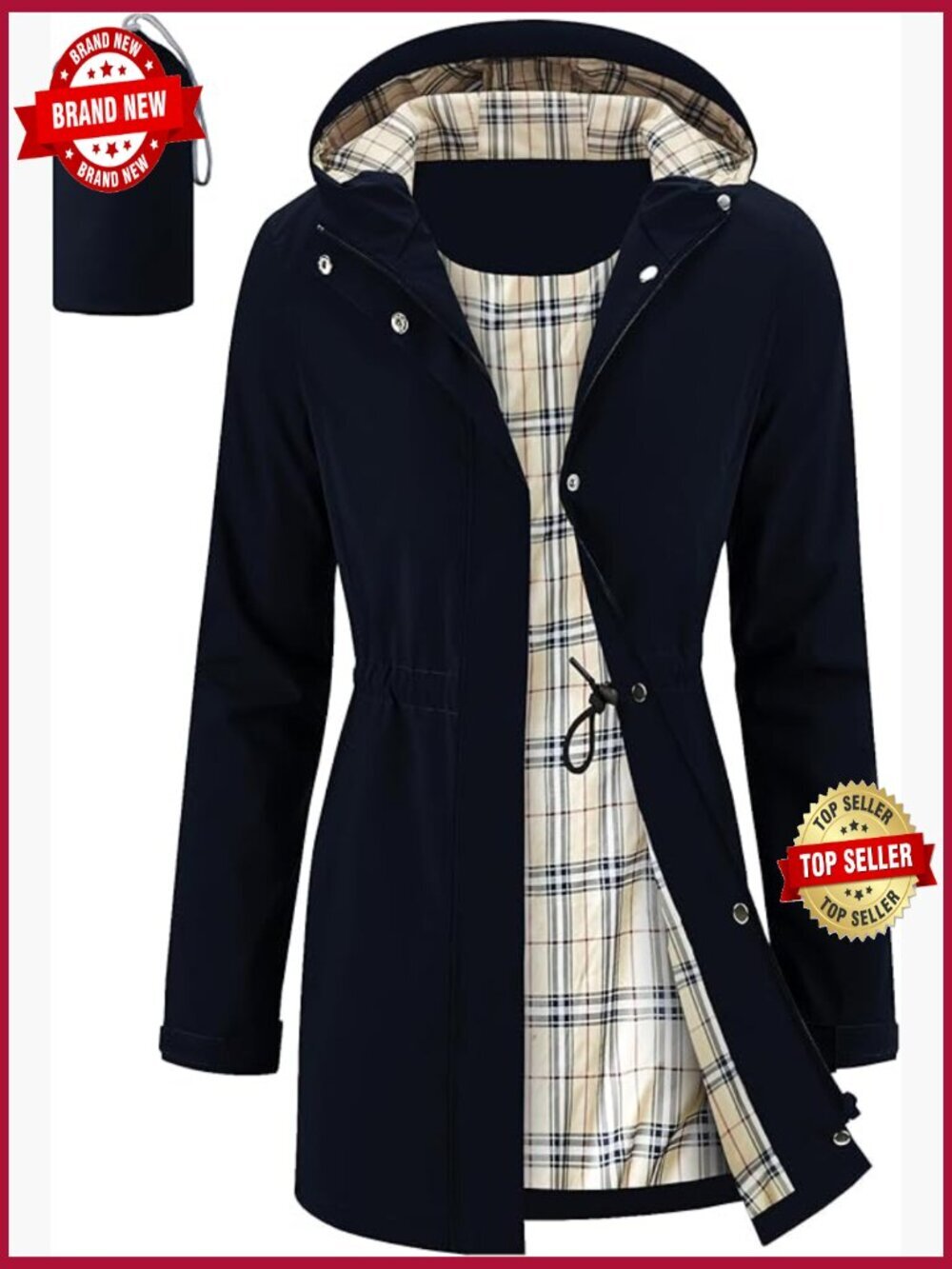 Packable Long Raincoat Hooded Plaid Lined Trench Coat Waterproof Windproof